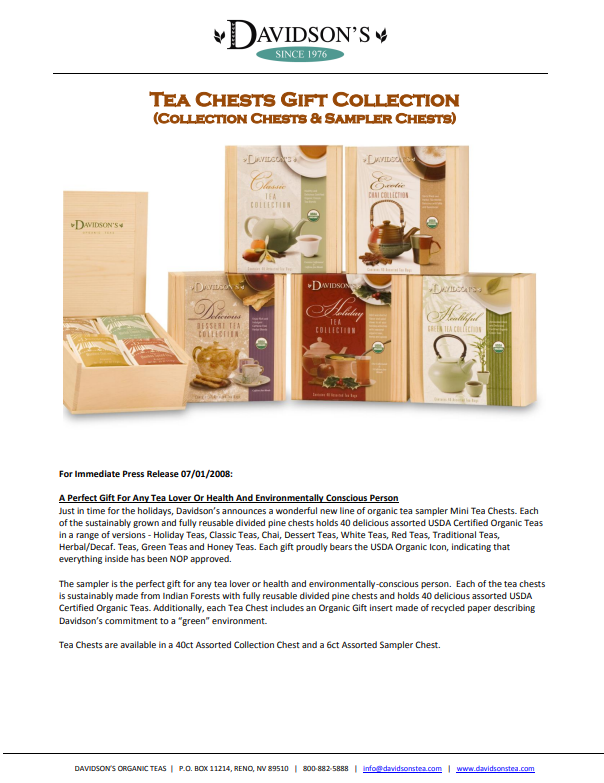 Press Release  of Tea chests gift collection with Davidson's branding on a white background