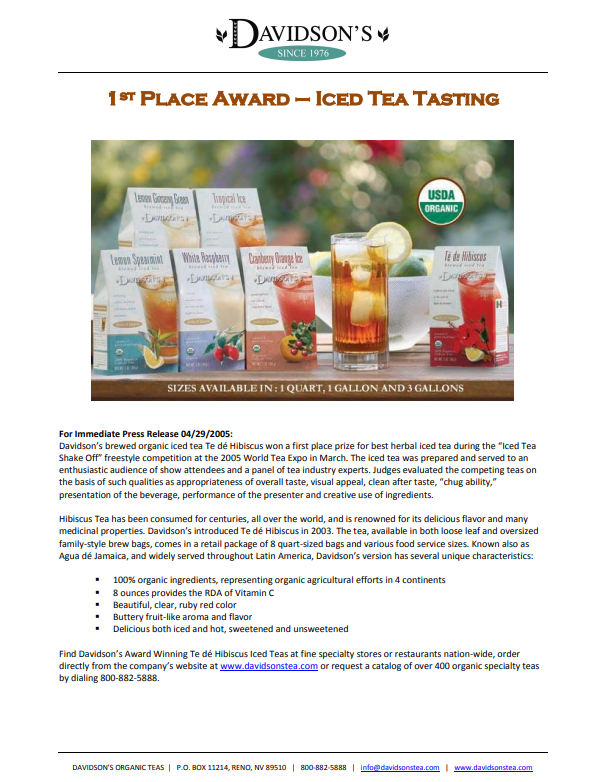 Press Release  for Davidson's iced tea with product packaging and a glass of iced tea.