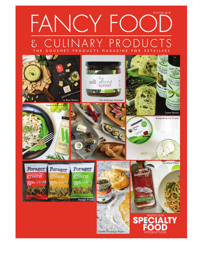 Cover of 'Fancy Food & Culinary Products' magazine with various food products on a red background