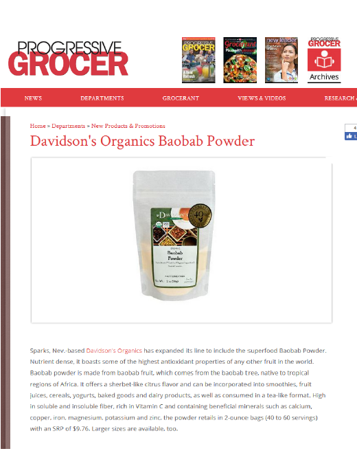 Progressive Grocer article about Davidson's Organics Baobab Powder with product image.
