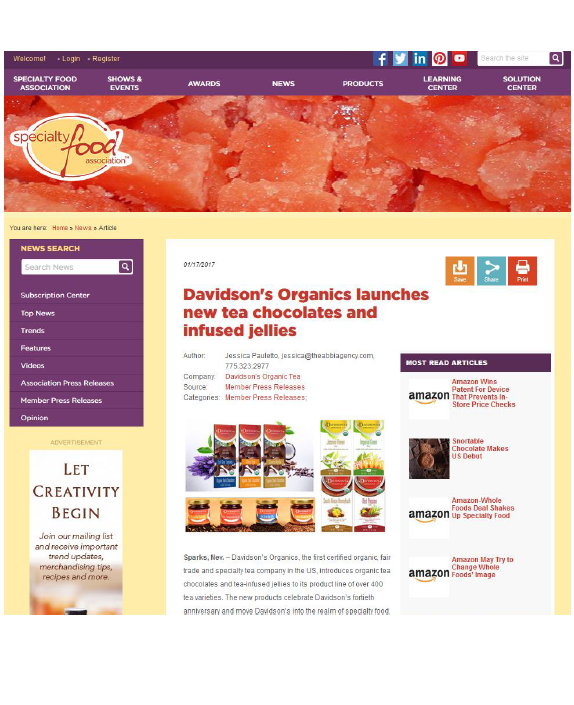 Website page for Specialty Food Association with news article about Davidson's Organics