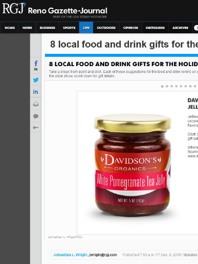 Jar of Davidson's Organics White Pomegranate Tea Jelly on a Reno Gazette-Journal webpage.