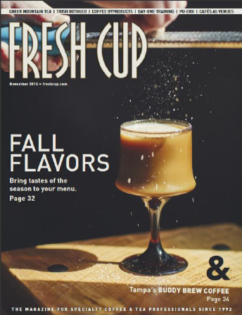 Magazine cover titled 'Fresh Cup' with a coffee drink on a wooden surface.