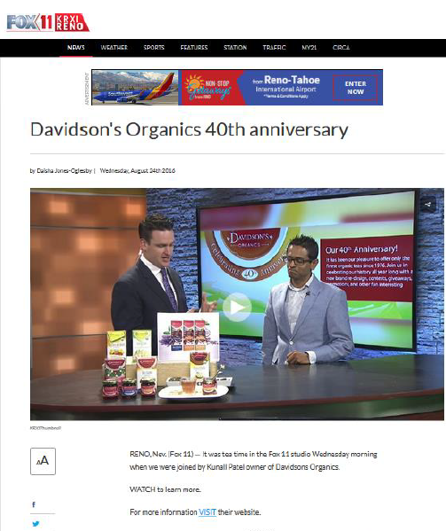 News broadcast with two men discussing Davidson's Organics on a television screen.
