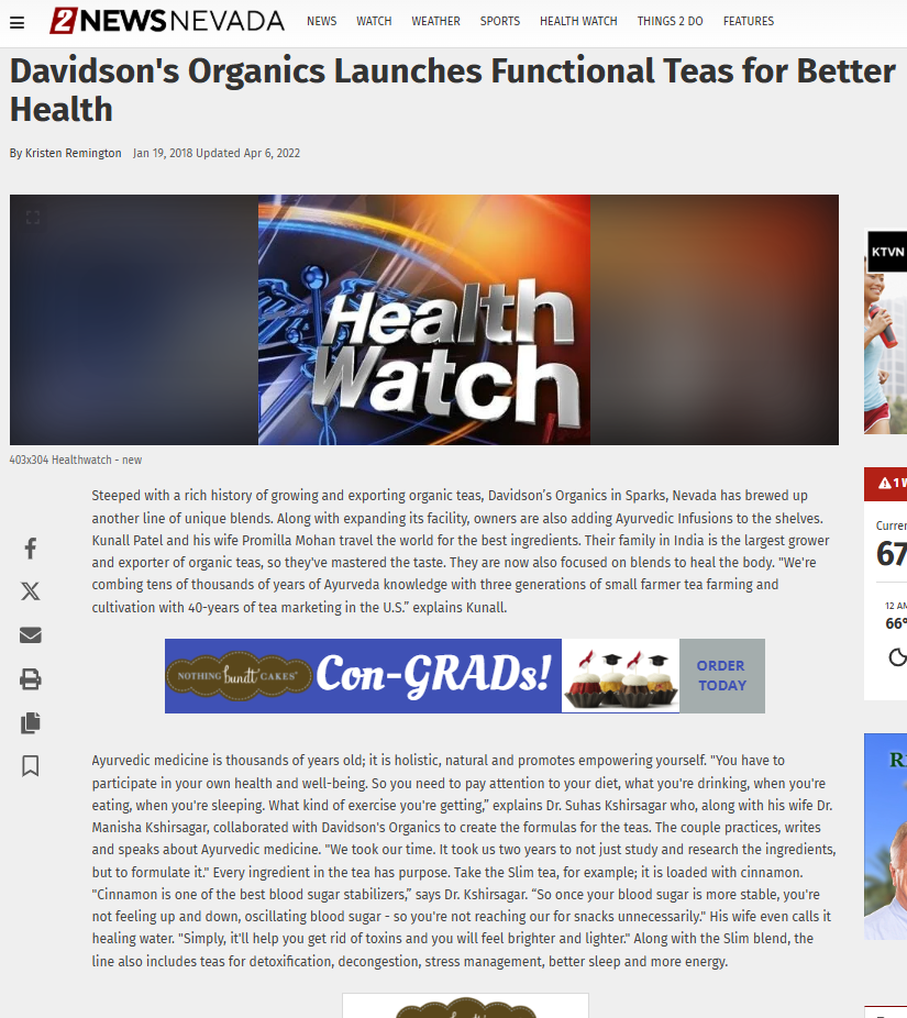 News article about Davidson's Organics launching functional teas for better health, featuring a 'Health Watch' segment.
