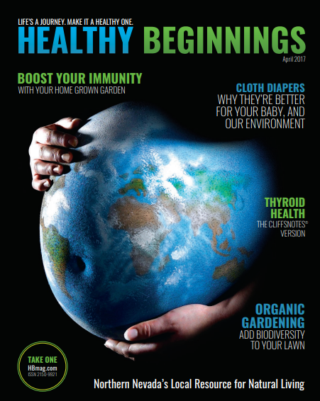 Magazine cover titled 'Healthy Beginnings' with a person holding a globe, on a black background.