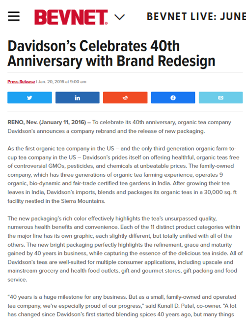 Bevnet article about Davidson's celebrating 40th anniversary with brand redesign