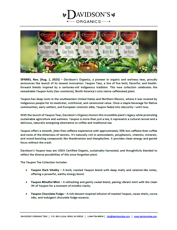 Promotional image of Davidson's Organics Yeucon tea packages with text about the product.