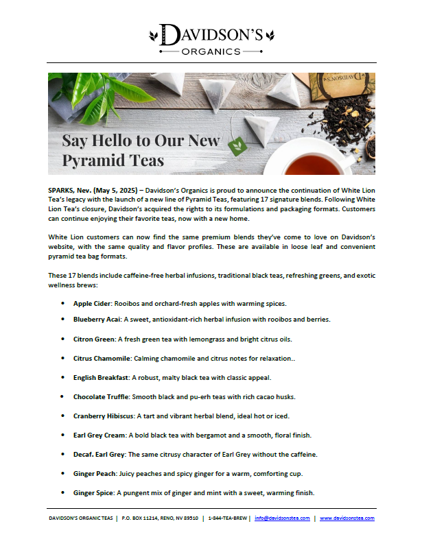 Promotional email from Davidson's Organics about new pyramid teas