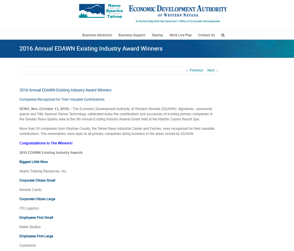 Screen capture of a webpage from the Economic Development Authority of Western Nevada recognizing award winners.