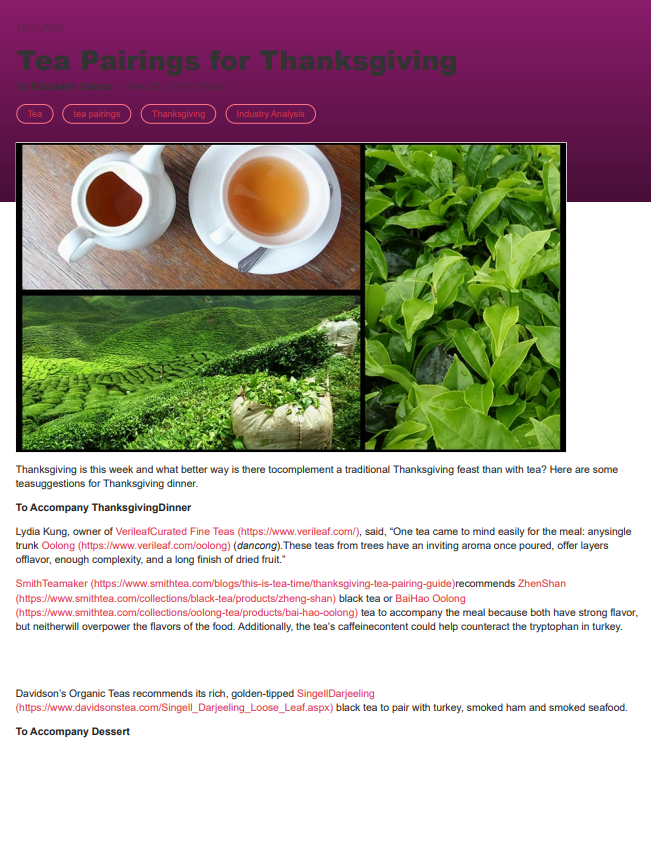 Tea Pairings for Thanksgiving webpage with images of tea and coffee.