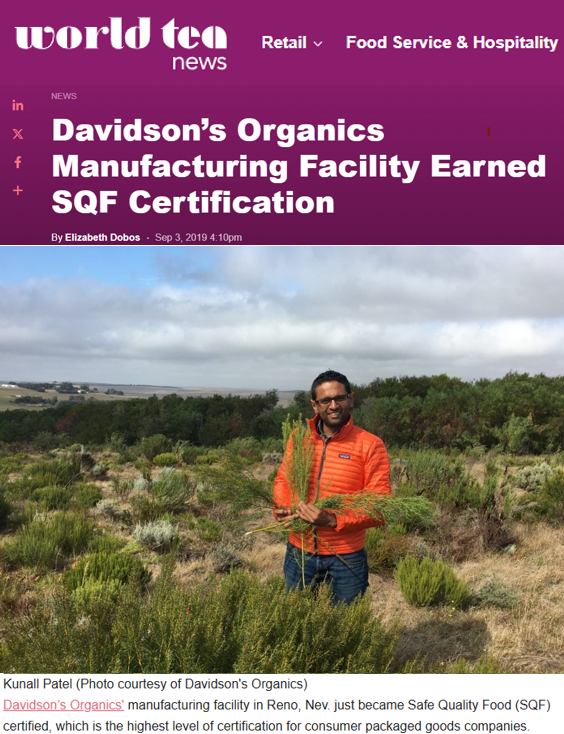 News article about Davidson's Organics earning SQF certification with a person in an orange jacket standing in a field.