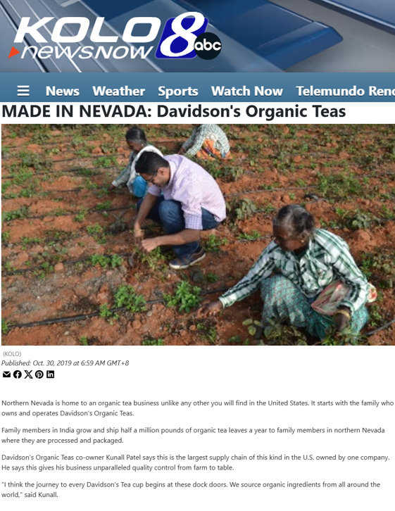 News article about Davidson's Organic Teas on KOLO 8 news website