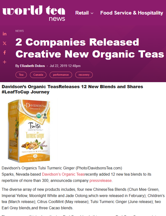 News article about Davidson's Organic Teas releasing new tea blends on World Tea News website.
