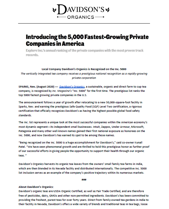 Press release about Davidson's Organics being recognized on the Inc. 5000 list of fastest-growing private companies.