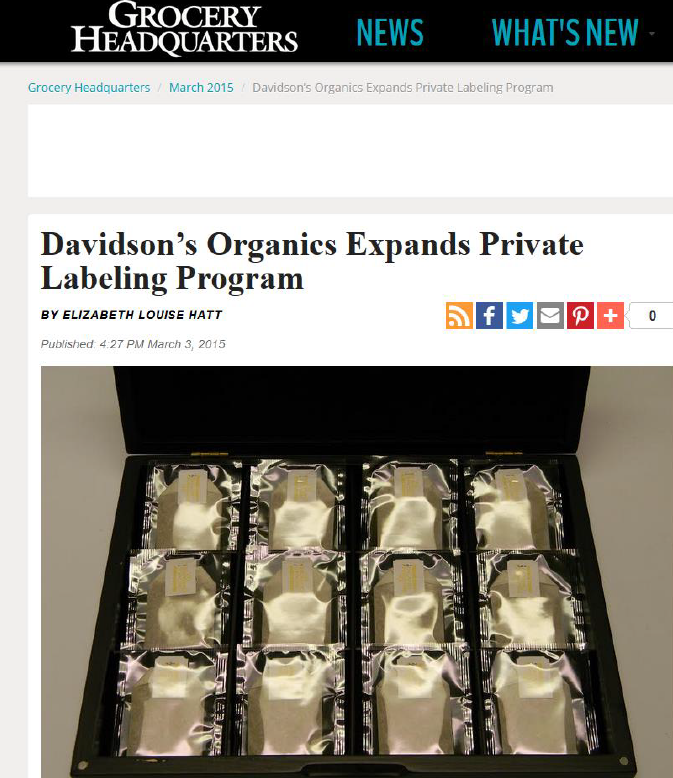A newspaper article header and photo showing an open black presentation box containing multiple silver foil-wrapped pouches. The visible headline reads 'Davidson's Organics Expands Private Labeling Program' with 'Grocery Headquarters' at the top.