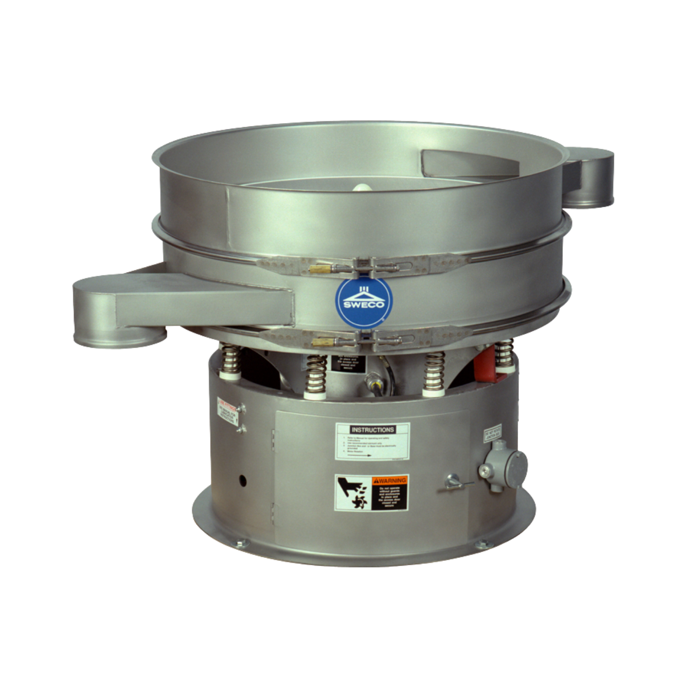 A heavy-duty industrial vibrating screen or classifier, made of brushed stainless steel, featuring a circular upper chamber with side handles, a cylindrical lower base with springs and adjustment knobs, and a blue circular Swaggo logo badge on the front.