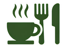 Green icon of a cup with steam, fork, and knife on a white background