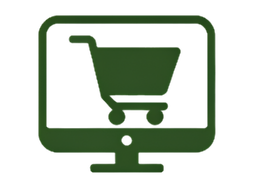 Green icon of a computer screen with a shopping cart on a white background