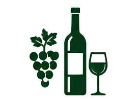 Green icon of a wine bottle, grapes, and glass on a white background