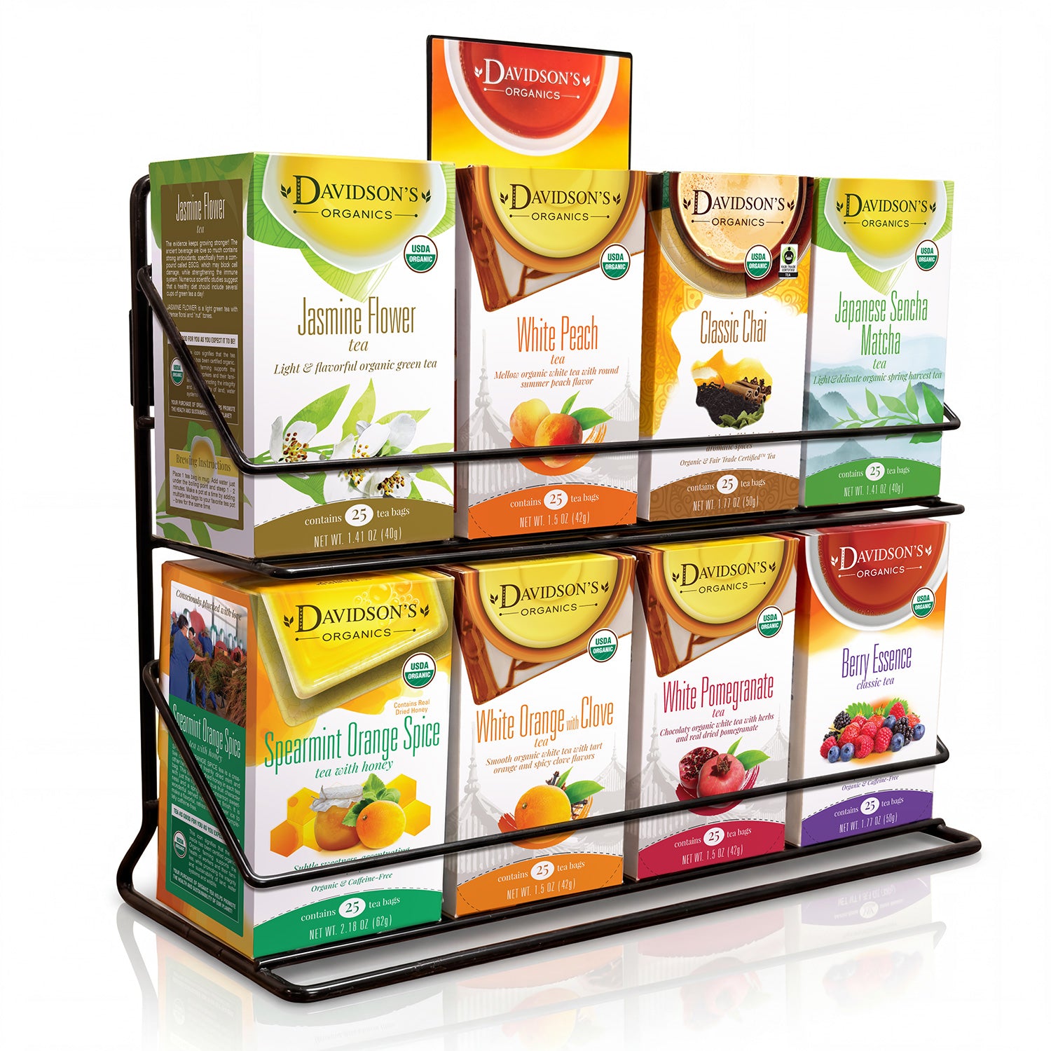 Display of Davidson's Tea boxes in a promotional stand on a white background