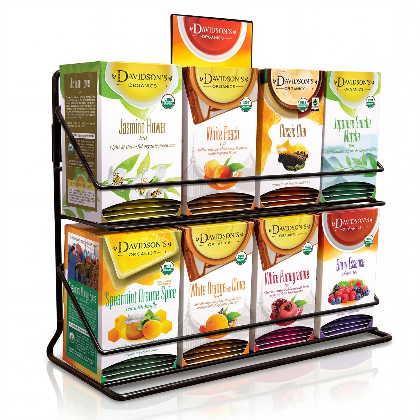 Display of Davidson's Tea boxes in a promotional stand on a white background