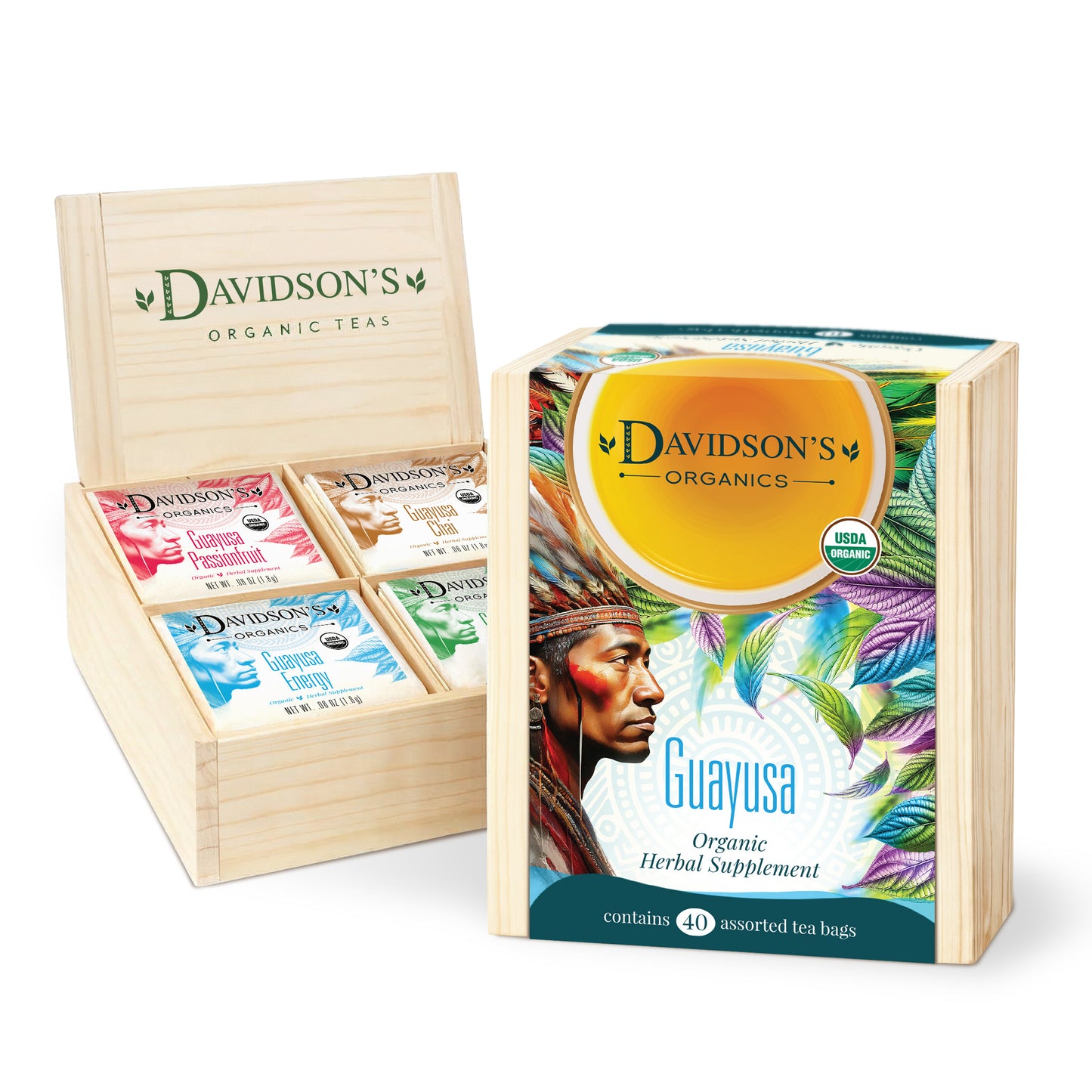Davidson's Organic Teas packaging including a wooden display box and Guayusa tea package.
