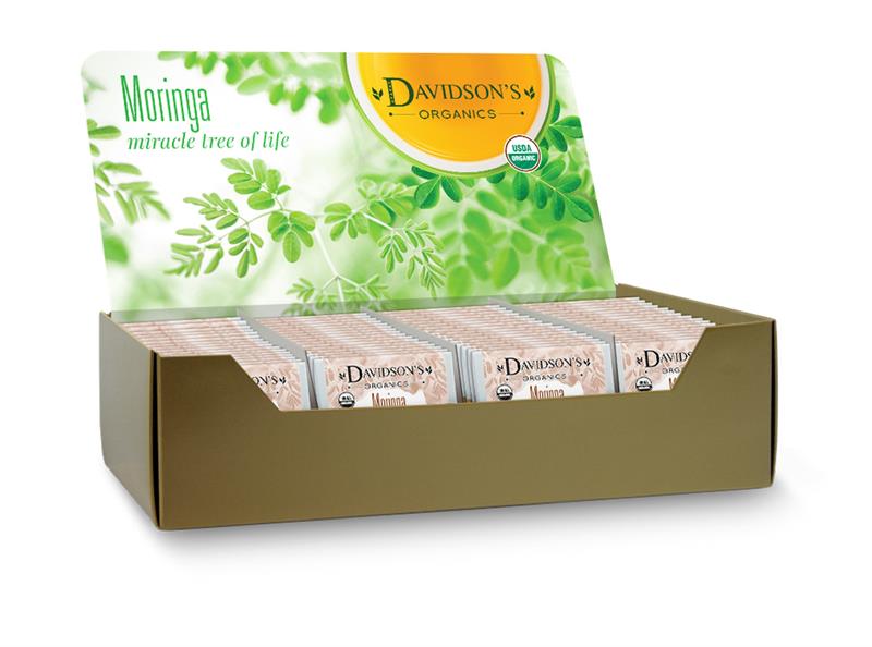 Box of Davidson's Organics Moringa tea packages on a white background