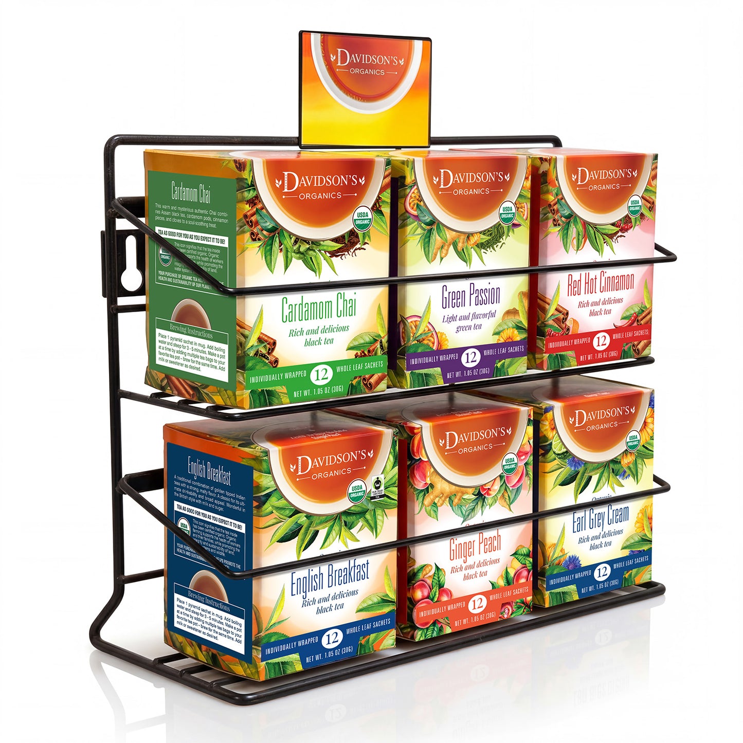Tea box display rack with various Davidson's Tea packages on a white background
