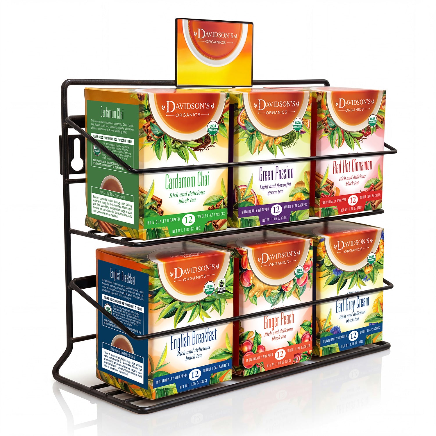 Tea box display rack with various Davidson's Tea packages on a white background