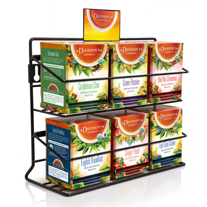 Tea box display rack with Davidson's Organic tea packages on a white background