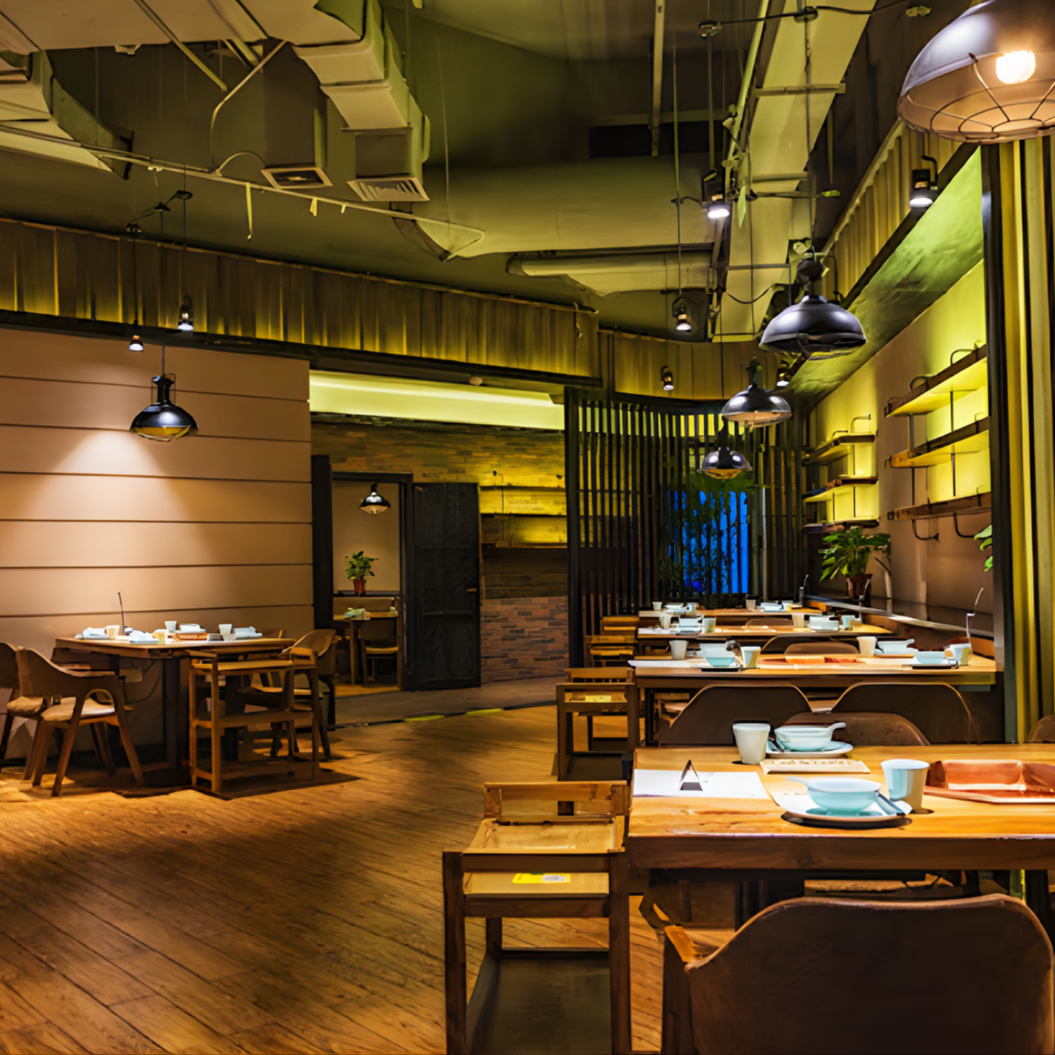 Modern restaurant interior with wooden tables and chairs, dim lighting, and decorative elements.