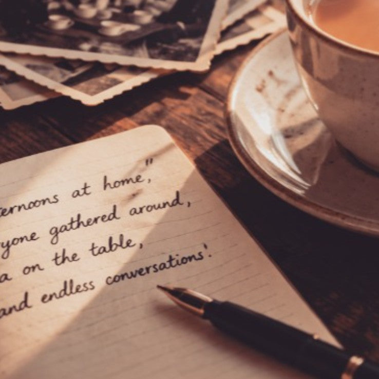 A warm, cozy tabletop scene with a handwritten notebook page, a black fountain pen, vintage-style photographs, and a cup of coffee on a saucer, all arranged on a wooden table.