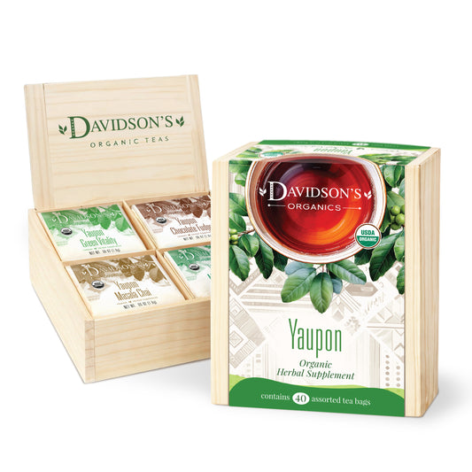 Davidson's Organic Teas display with Yaupon tea packaging on a white background
