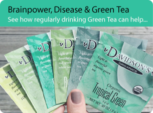 Green Tea packets; opens to article on brainpower, disease, and green tea.