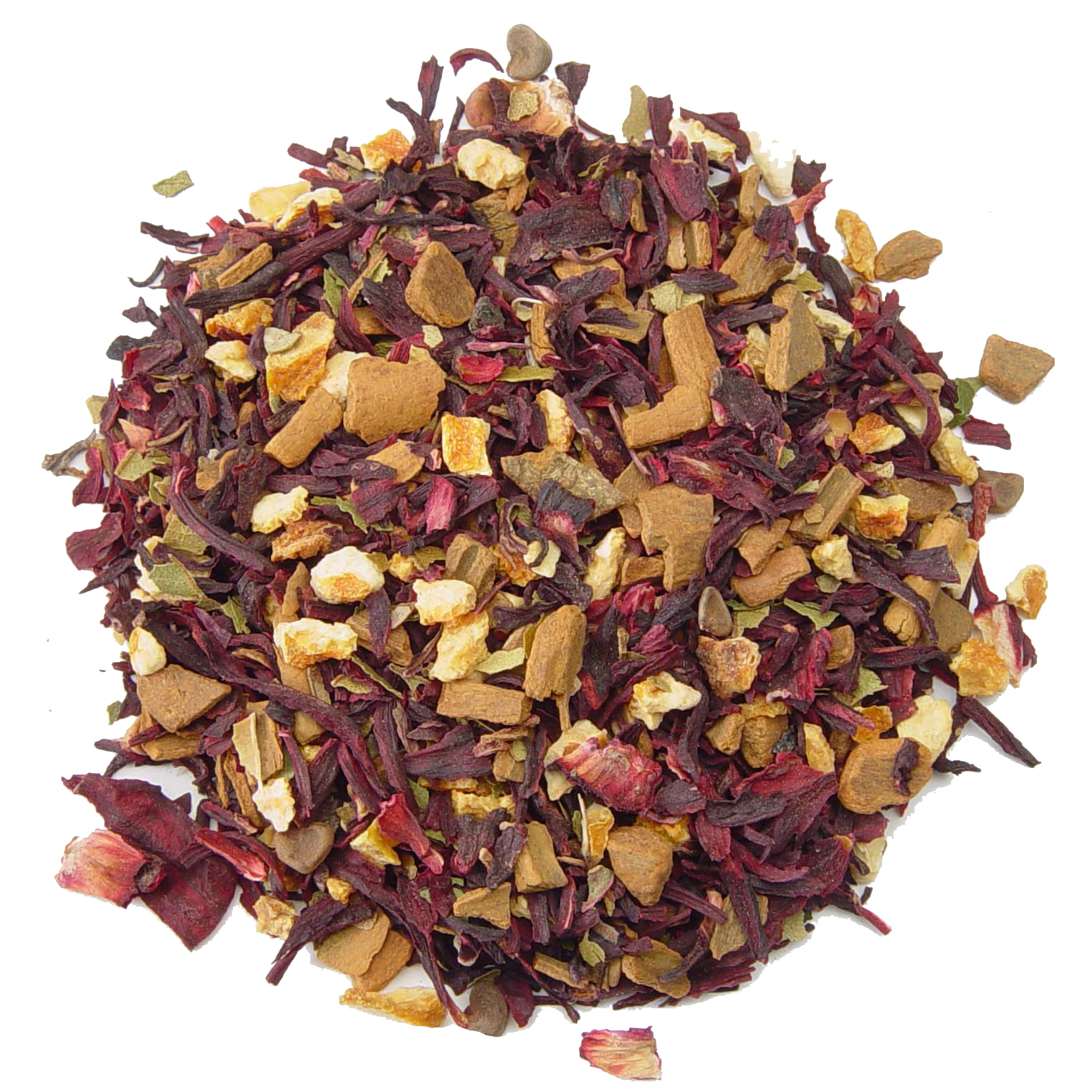 Davidson's Loose Leaf tea featuring hibiscus, orange peel and cinnamon pieces.