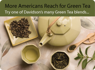 Tea pot with green tea; opens to explore Davidson's green tea blends.