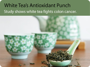 Green tea in bowls; opens to article on white tea's antioxidant punch.
