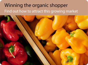 Red and yellow bell peppers; opens to article on winning the organic shopper.