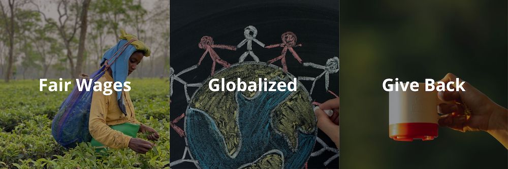 Three images showing brand values: Fair Wages for workers, Globalized community, and Giving Back.