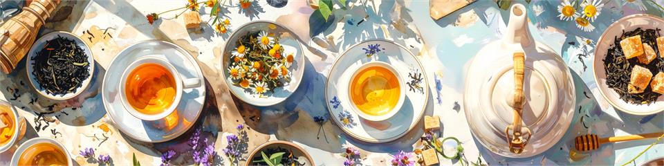 Tea set with cups, saucers, and teapot on a decorative tablecloth with flowers and tea leaves.