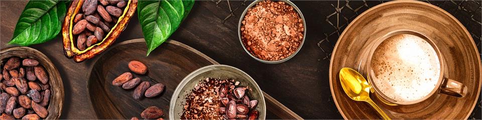 Cocoa beans, cacao nibs, and a cup of hot chocolate on a wooden surface.