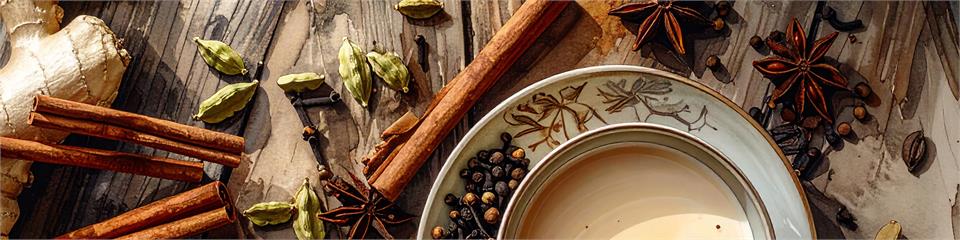 Spices and a teacup on a wooden surface