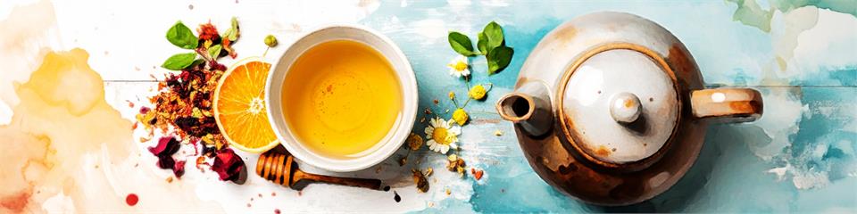 Tea cup with a teapot and tea leaves on a colorful background