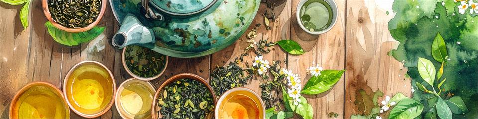 Tea leaves and teacup on a wooden surface with a teapot and bowls of tea.