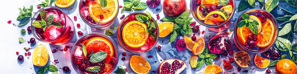 Assorted fruit cocktails with oranges, lemons, and pomegranate seeds on a colorful background