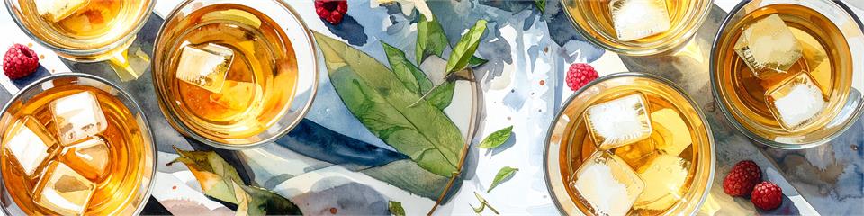 Tea with ice cubes in glasses on a blue cloth with raspberries and mint leaves.