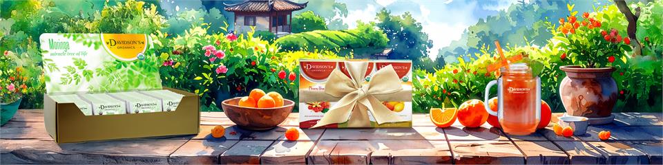 Tea packaging with a scenic background of flowers and a building