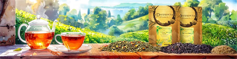 Tea set with a scenic background of green fields and trees