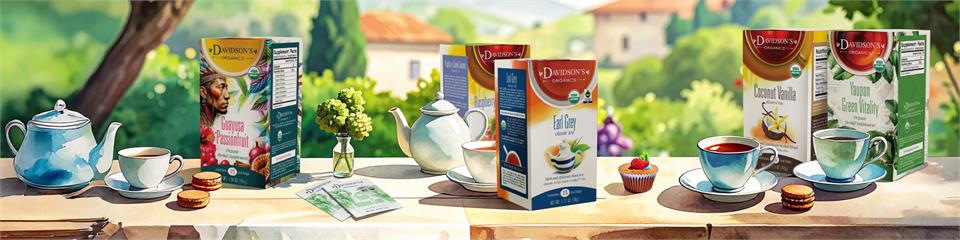 Tea bags packaging on a wooden table with a scenic background